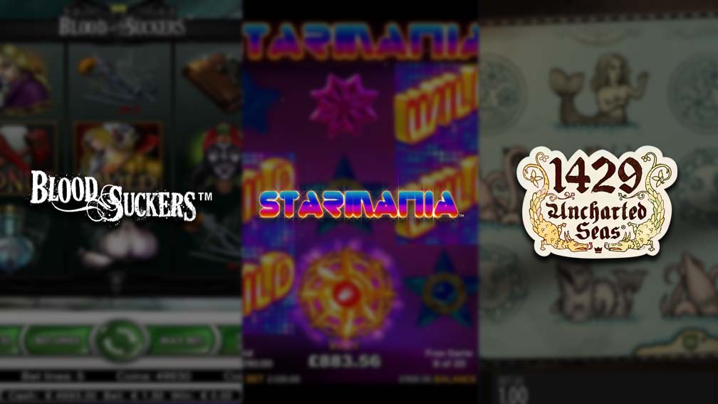 Three high RTP slot games: "Blood Suckers" (98.00% RTP), "Starmania" (97.87% RTP), and "1429 Uncharted Seas" (98.60% RTP), featuring distinct themes and designs.