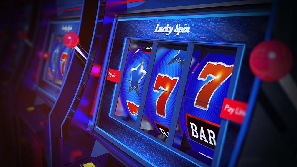 A close-up of a slot machine with a "Lucky Spin" theme, showing a winning combination of red sevens on a blue background.