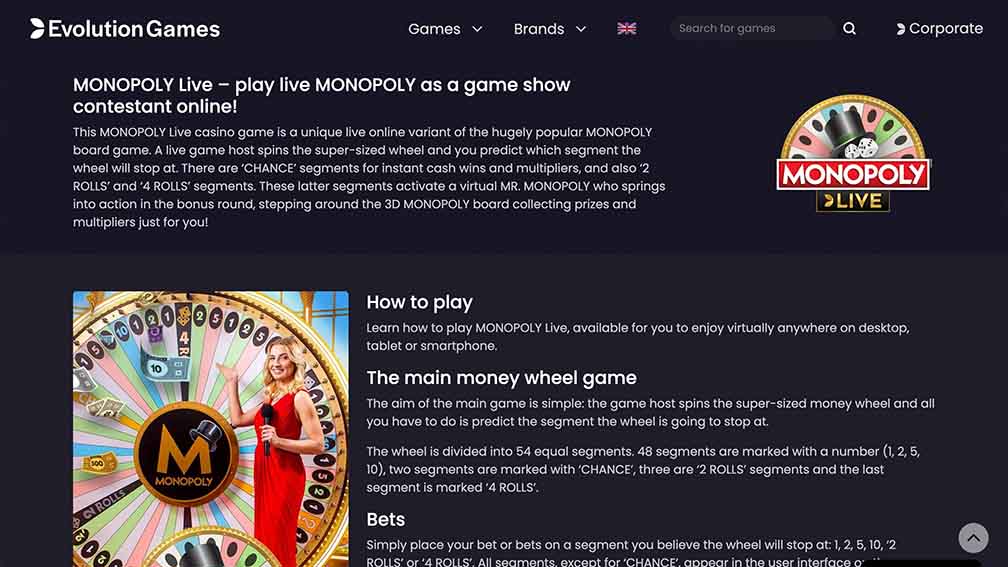 Printscreen Evolution Games How to play Monopoly Live