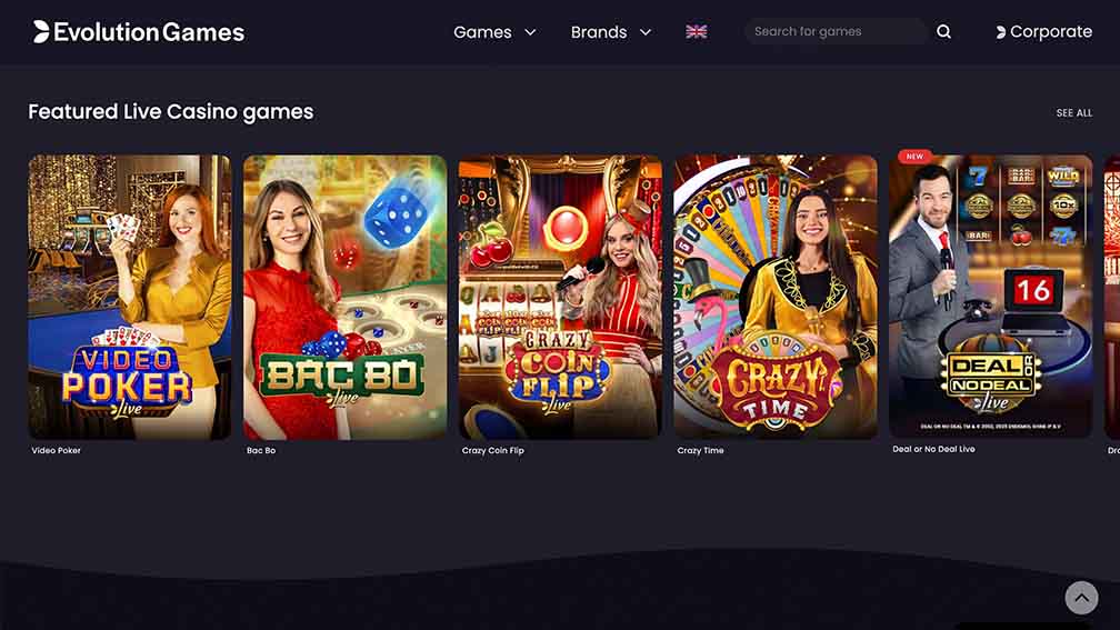 Printscreen Evolution Games Featured Live Casino Games