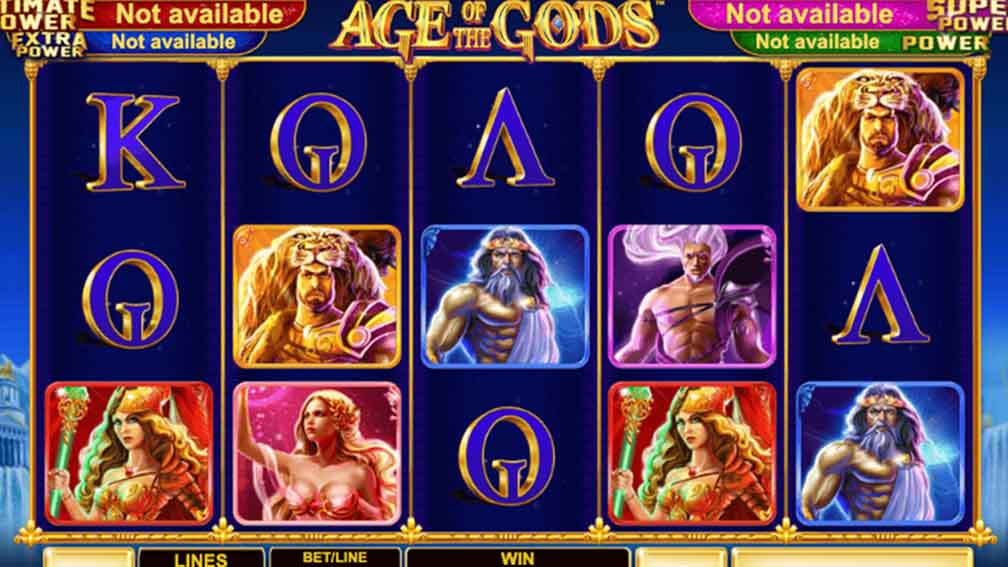 Age of the Gods demo showing the line value, line bet value, potential winnings, and game symbols