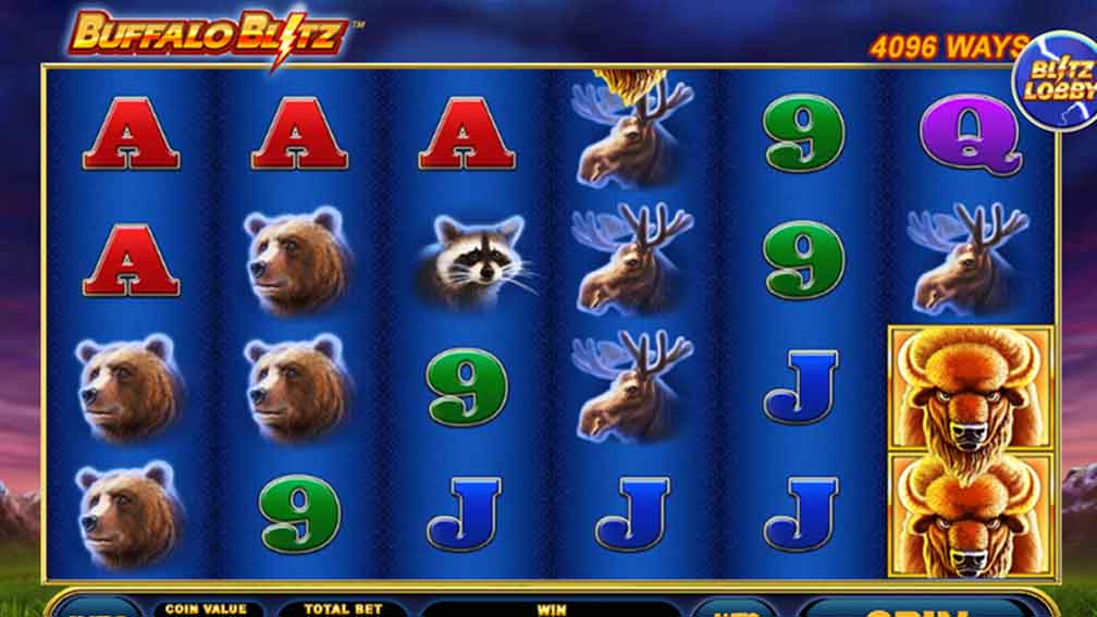 Buffalo Blitz demo showing the line value, line bet value, potential winnings, and game symbols.