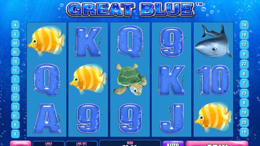 Great Blue game demo showing the line value, line bet value, potential winnings, and game symbols