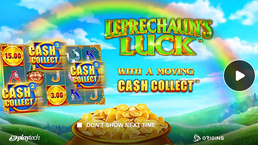 Leprechaun's Luck game with Cash Collect feature and a sack of coins in the background
