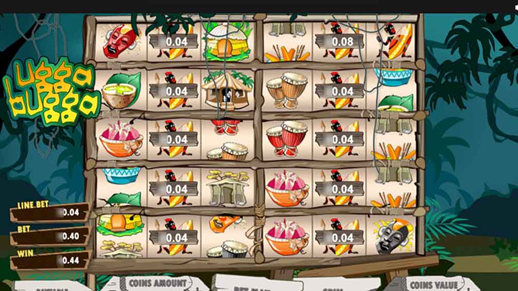 Ugga Bugga game by Playtech showing the line bet, bet value, and potential winnings