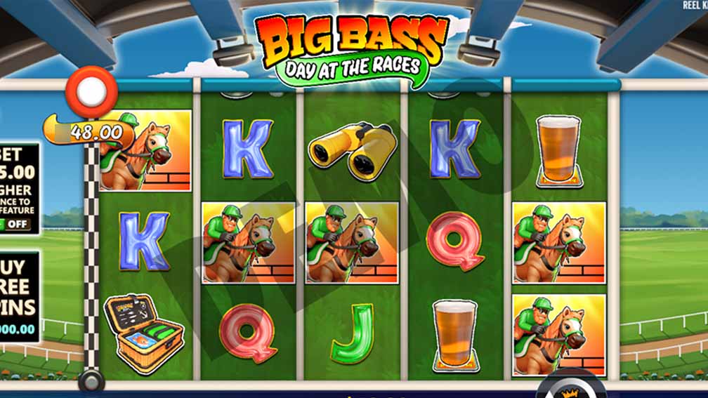 Screenshot showing the demonstration of a slot game with symbols, credits, bet amount, and win displayed